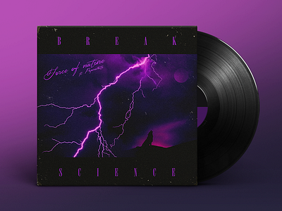 Break Science – Force of Nature 80s album cover design electronic funk lightning retro texture typography vintage vinyl wolf