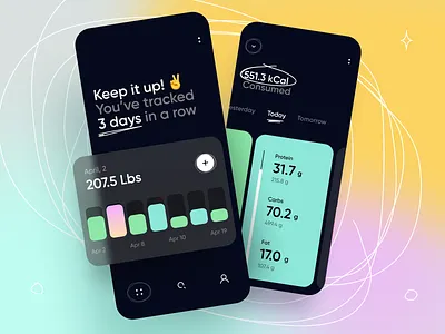 Calorie Counter App app calorie card chart diet fitness food graphs health healthcare interface ios logging minimal mobile nutrition stats ui ux workout