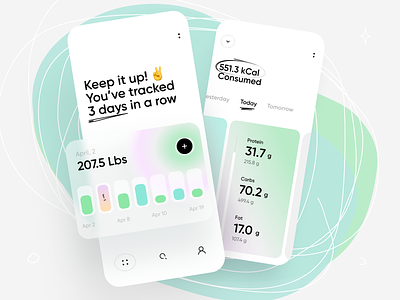Calorie Counter App app calorie cards chart colors diet fitness food gradient health interface ios logging minimal nutrition stats tabs ui ux workout