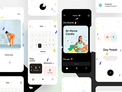 Fitness & Workout App app calendar cards colorful dark draft empty screen gym illustration interface ios minimal personal trainer stats ui ux workout yoga
