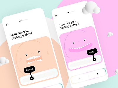 How are you feeling? app cards cute emoji friendly fun health healthcare illustration interface ios liquid minimal minimalism onboarding slider ui ux walkthrough walkthroughs