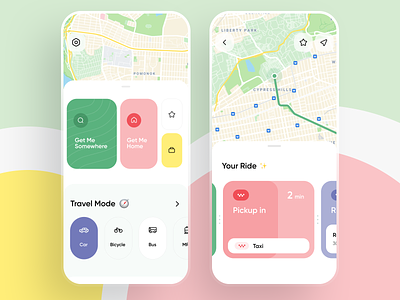 Navigate App app car cards city colorful interface ios location map minimal navigation progress public transport route routes subway taxi transport ui ux