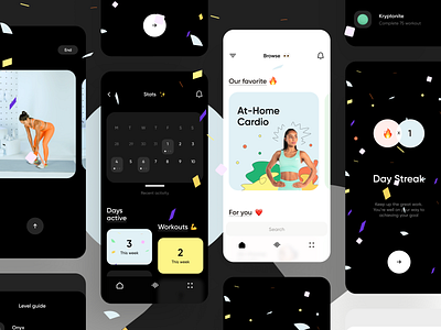 Fitness & Workout App calendar cards colorful dark dark ui draft empty screen gym illustration interface ios ios app minimal personal trainer stats ux workout yoga