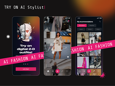 AI Fashion Stylist iOS App 3dlook ai aiapp digital digitalfashion fashion fashionapp gradientdesign gradients hackathon ios iosapp iosfashion ml pawa reface tryon tryonapp wildwildhack