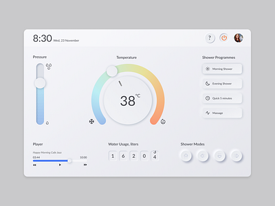 Smart Shower Interface neumorphism shower shower app shower interface smart home smart home app ui water