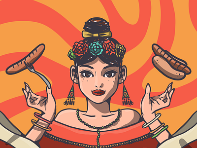 Sausage magician digital art digital illustration food girl illustration illustrator illustrator art mexican poster poster art procreate procreate art psychedelic sausage warm colors warm tones