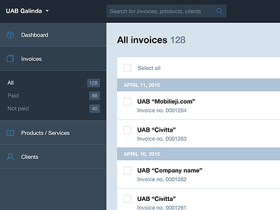 Invoicer app design interface invoices sidebar ui user web
