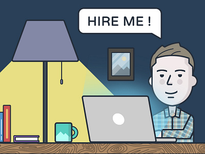 Hire me! available avatar deadline desk flat freelance illustration lighting night table work workplace