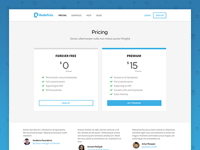 Redefinio pricing page blue buy card flat landing plan price resume web