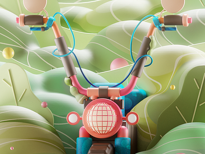 An abandoned motorcycle in the forest 36daysogtype 3d abstract bike color colorful cross cute design drive forest green illustration moto motorbike motorcycle smooth space velo y