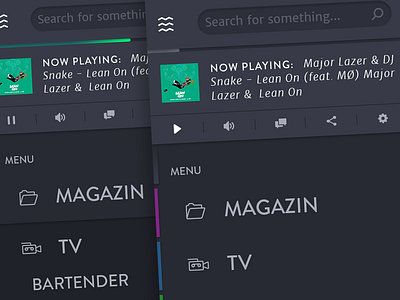 Mobile menu 2 step deep hidden radio player media site search ui ux