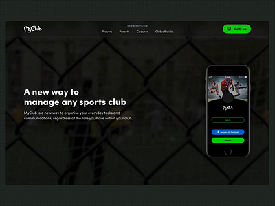 Promotional website for MyClub app app branding club dark design landing page promotion prototype sport ui ux