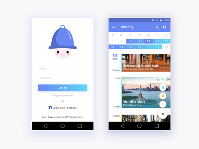 Login and Itinerary app calendar design login material mobile travel ui ux