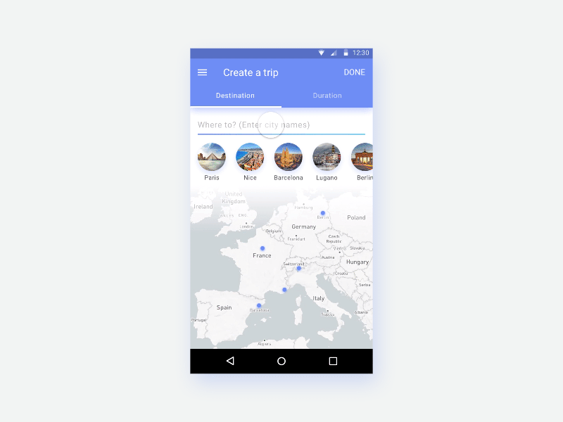 Add Destination to Trip Prototype android animation framer material design mobile prototype search travel