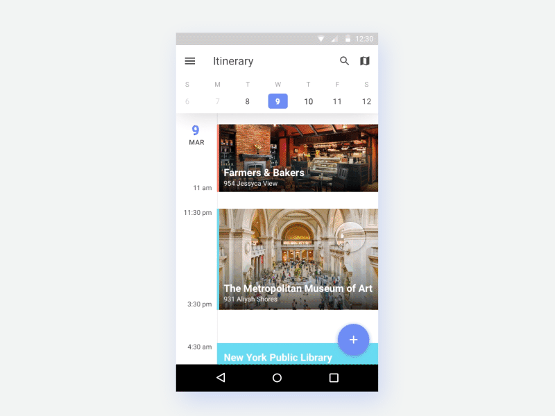 Itinerary - Schedule and Map Views android animation app framer itinerary map material design mobile motion prototype schedule travel