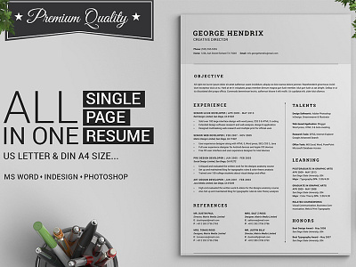 All in One Single Page Resume Pack 1 page ms word resume cover letter diy resume template elegent hipster resume mens resume microsoft printable pro resume reference letter single page resume word resume