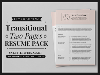 Transitional Two Pages Resume Pack 2 page ms word resume 2 pages resume cover letter diy resume template elegent hipster resume mens resume microsoft pro resume reference letter word resume