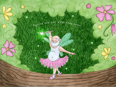 Fairies are not what they seem aquarelle drawing fairy flowers forest illustration liner magic old man painting slippers stars tutu watercolor wings