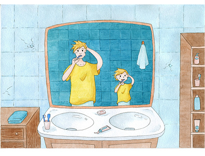 Toothbrushers aquarelle bathroom boy closet drawing father illustration liner man morning morning routine painting sink soap son tile toothbrush toothpaste towel watercolor