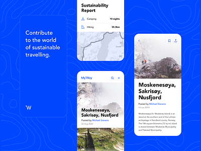MyWay - Sustainable Travel App app blue branding diary flat goals hiking journal minimal mobile nature sustainability travel typography ui writing