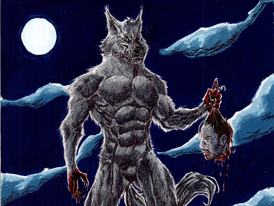 Bloody Moon character design hand drawn illustration inking moon painiting sketching werewolf