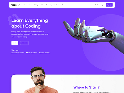 Codeeer Landing Page adobe photoshop branding codeeer design figma freepik graphic design header landing page learn coding main page mehmet can karadurmuş navigation bar purple robot teachers ui urbanist ux white