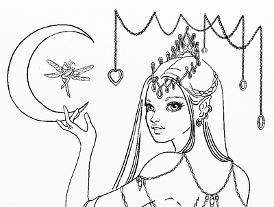 Moon elfish princess beautiful girl coloring illustration decorative elf elf princess fairies fairy fairy art fairytale girl heart line art long hair moon moons necklace princess