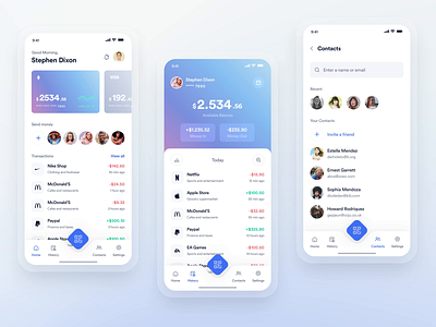 Finance Management — Animated Mobile App animation app design bank card contacts credit credit card dark dark theme finance finance app fintech ios mobile app mobile design mobile ui money transaction white