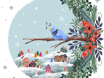 Winter Village christmas design digital illustration vibrant vintage design winter wonderland