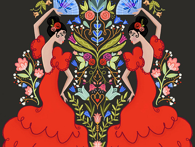 Folktale Flamenco Dancers color palette digital flamenco floral art floral design flower folk folkart illustration symmetry vibrant