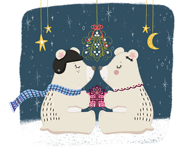 Mistletoe Kiss bears card design christmas christmas card cute art cuteanimal design digital holiday holiday design illustration mistletoe