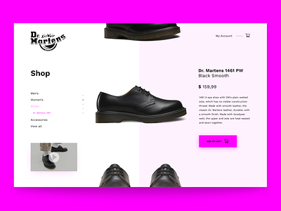 Minimal Dr. Martens Online Store black concept dr martens ecommerce homepage interface online store pink product card product catalog product page redesign scroll shoes shop ui
