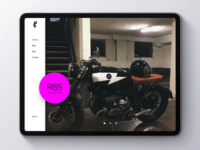 Moto Garage - Swipe Animation anim bike bmw brat cafe cafe racer caferacer homepage interface invisionstudio ipad moto motorcycle tablet tablet design ui ui animation ux vintage vintage moto