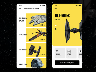 Star Wars Rental Spaceship Service booking app concept ecommerce ecommerce app interface millennium falcon mobile app mobile ui rent rental app spaceship star wars tie fighter ui ux