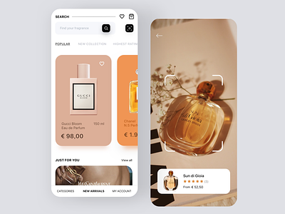 Perfume eCommerce App camera app carousel categories concept ecommerce app fragrance interface mobile app mobile ui online store perfume perfume shop redesign search results sketch sketchapp ui ux