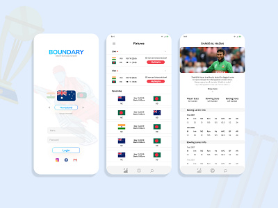 Boundary app UI - Cricket news, score and many more