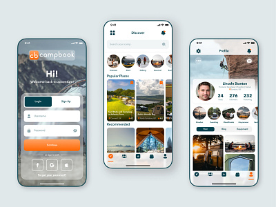 Campbook - Mobile App Design 3d animation app campbook camping design figma graphic design hiking icon illustration mobile mobile app motion graphics social travel typography ui ux vector