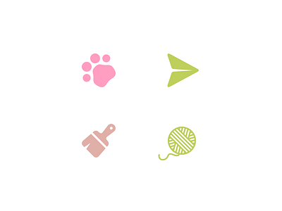 Interface Pictograms broom green icons paper plane paw pictograms pink yarn ball