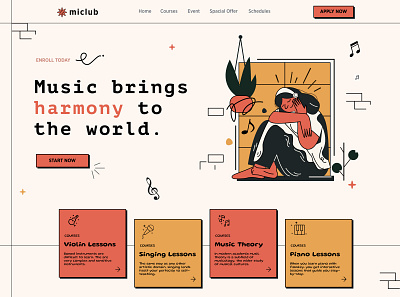 The main page of the music school website design graphic design illustration typography vector