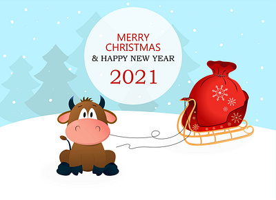 Merry christmas and happy new year 2021 card cutebull illustration merry christmas new years newyear newyear2021 snowflake