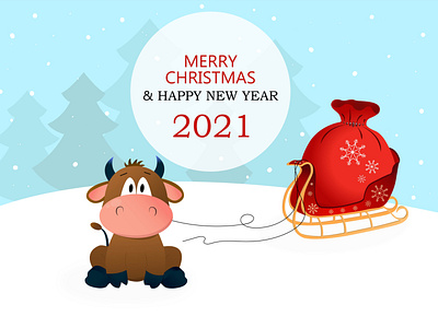 Merry christmas and happy new year 2021 card cutebull illustration merry christmas new years newyear newyear2021 snowflake