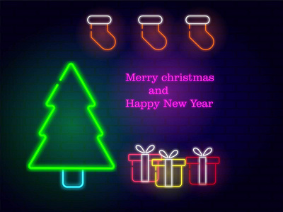 Neon new year celebration illustration merry christmas neon newyear present tree vector