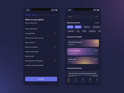 Meditation app to fall asleep and wake up better app dark mode dark ui design interface main page meditation mobile onboarding sleeping ui ux