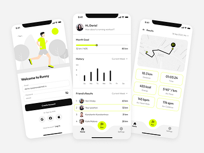 Running app app create account design friends results history illustration indicators interface log in main page mobile month goal results route run running sport tracker ui ux