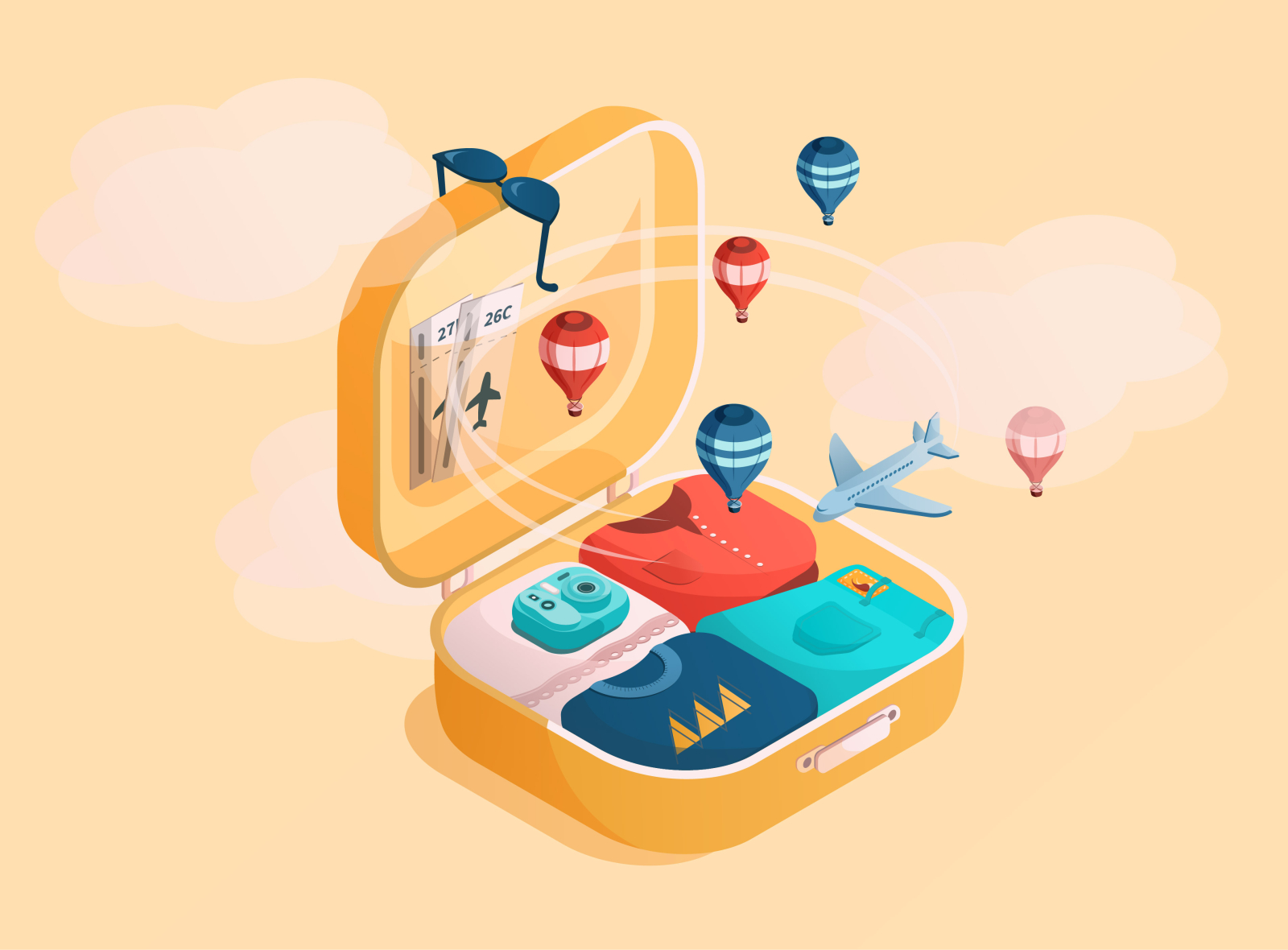 Travelling adobe illustrator airplane camera illustration isometric isometry plans suitcase tickets travel traveling trip vector
