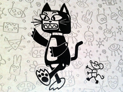 Kaiju Kitty Silkscreen print black cartoon cat comics kaiju kitty print silkscreen