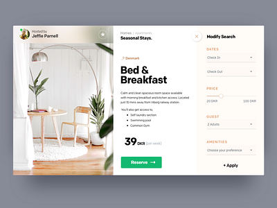 Bed And Breakfast affordance apartments authentic bed and breakfast booking denmark filters holiday interior leisure stay luxury quick view room hosted rooms seasonal stay ux website white space