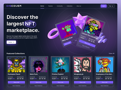 NFT Marketplace Website 💜 3d beaty beauty product branding clean collection colorful design designoftheday featured inspiration marketplace new nft photooftheday purple typography uiux vector website