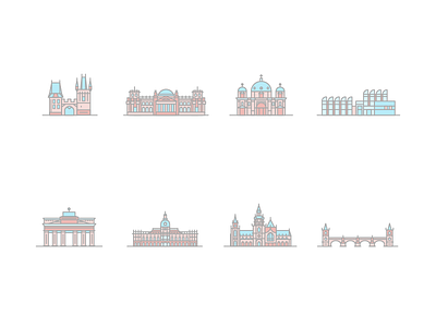 Structures in Berlin & Prague buildings color flat illustration muted one stroke stroke