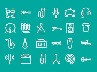 Icon collection of band equipment for thenounproject.com website band equipment bass drums flat flaticons guitar iconography icons musical instruments set speaker stroke